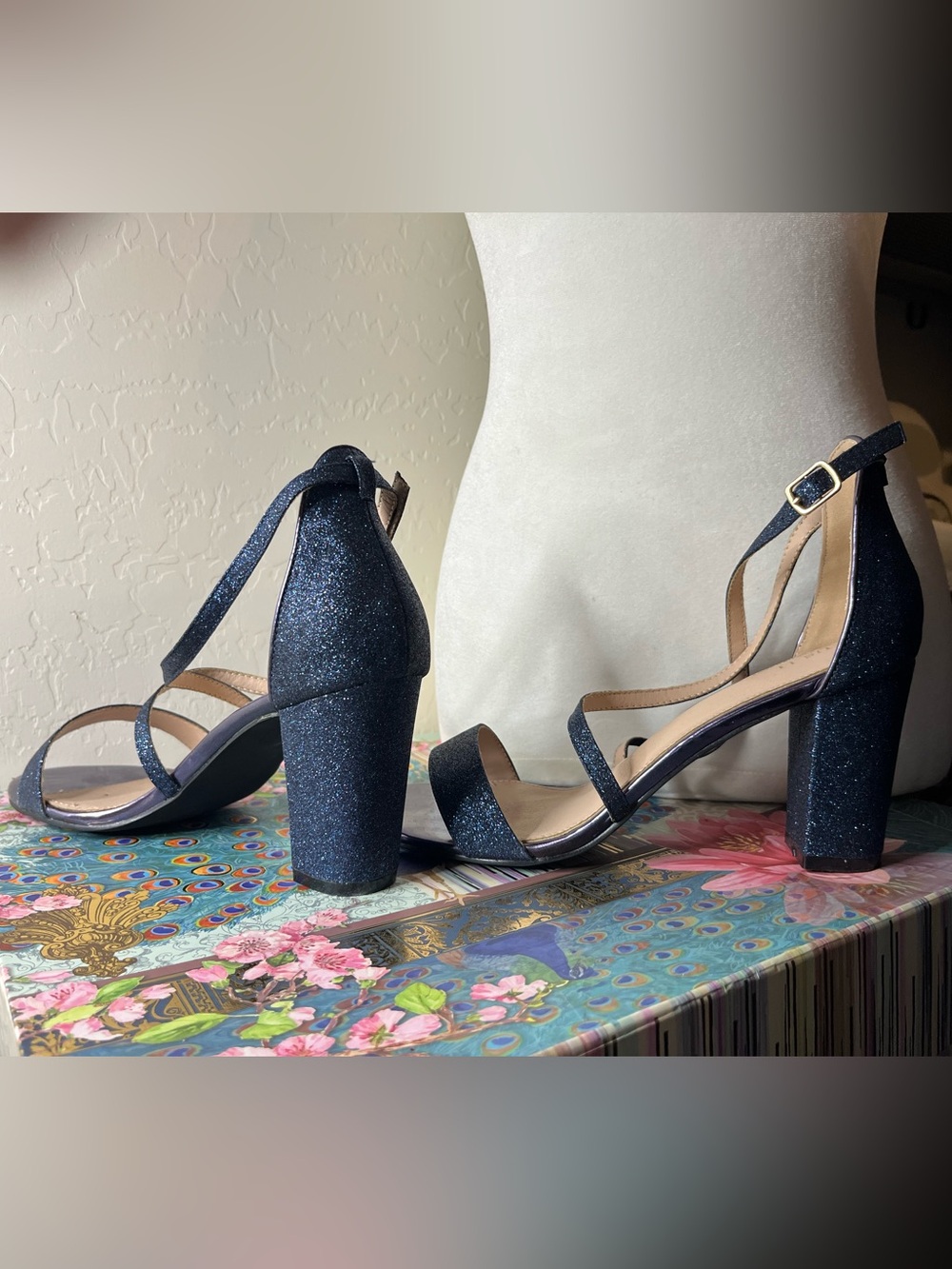 Allegra K Glitter Crisscross Strap Block Heel Sandals Navy Blue Size 11 - Picture 4 of 8